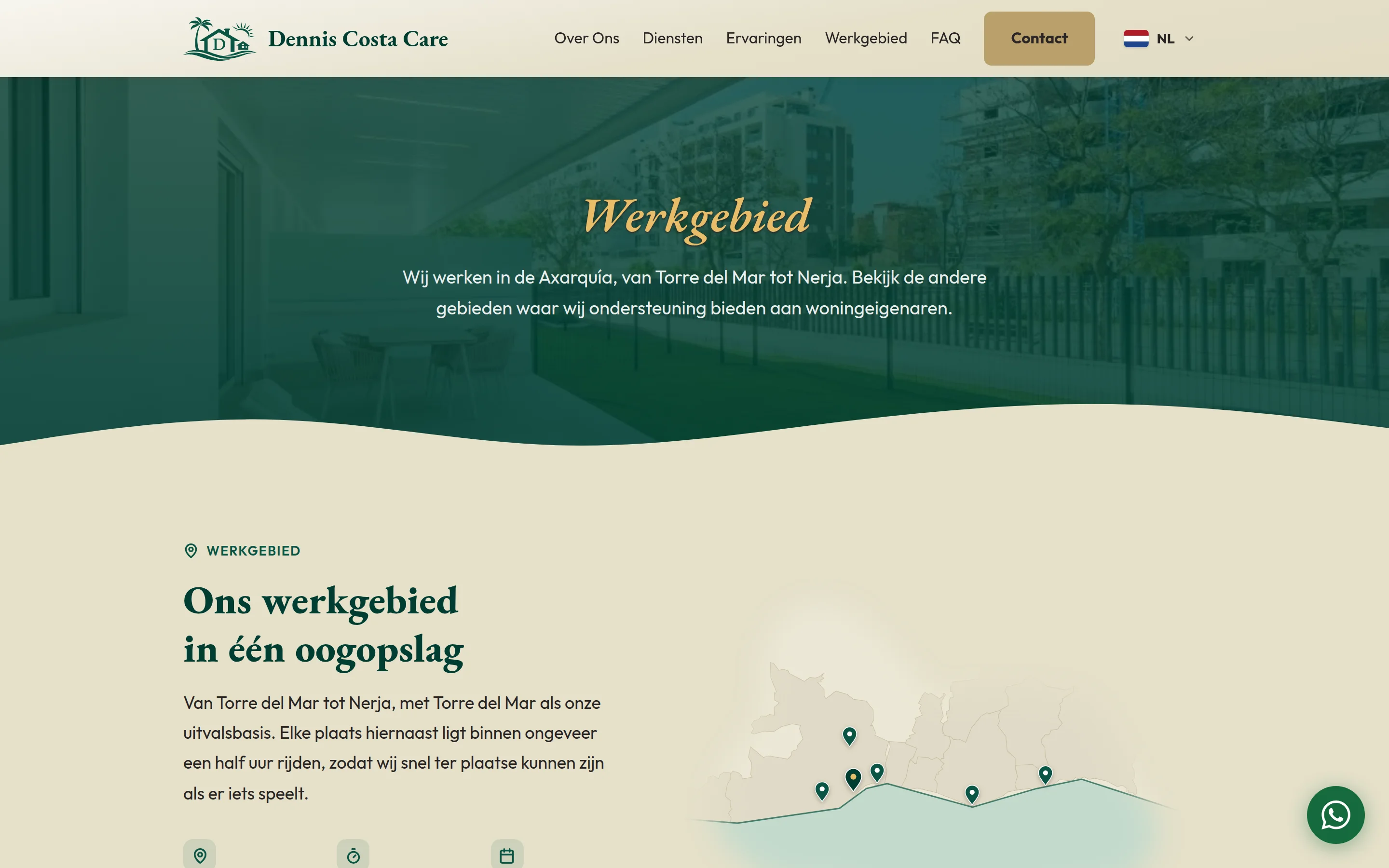 The work-area hub groups the eight towns by drive time from Torre del Mar, with a page per town.