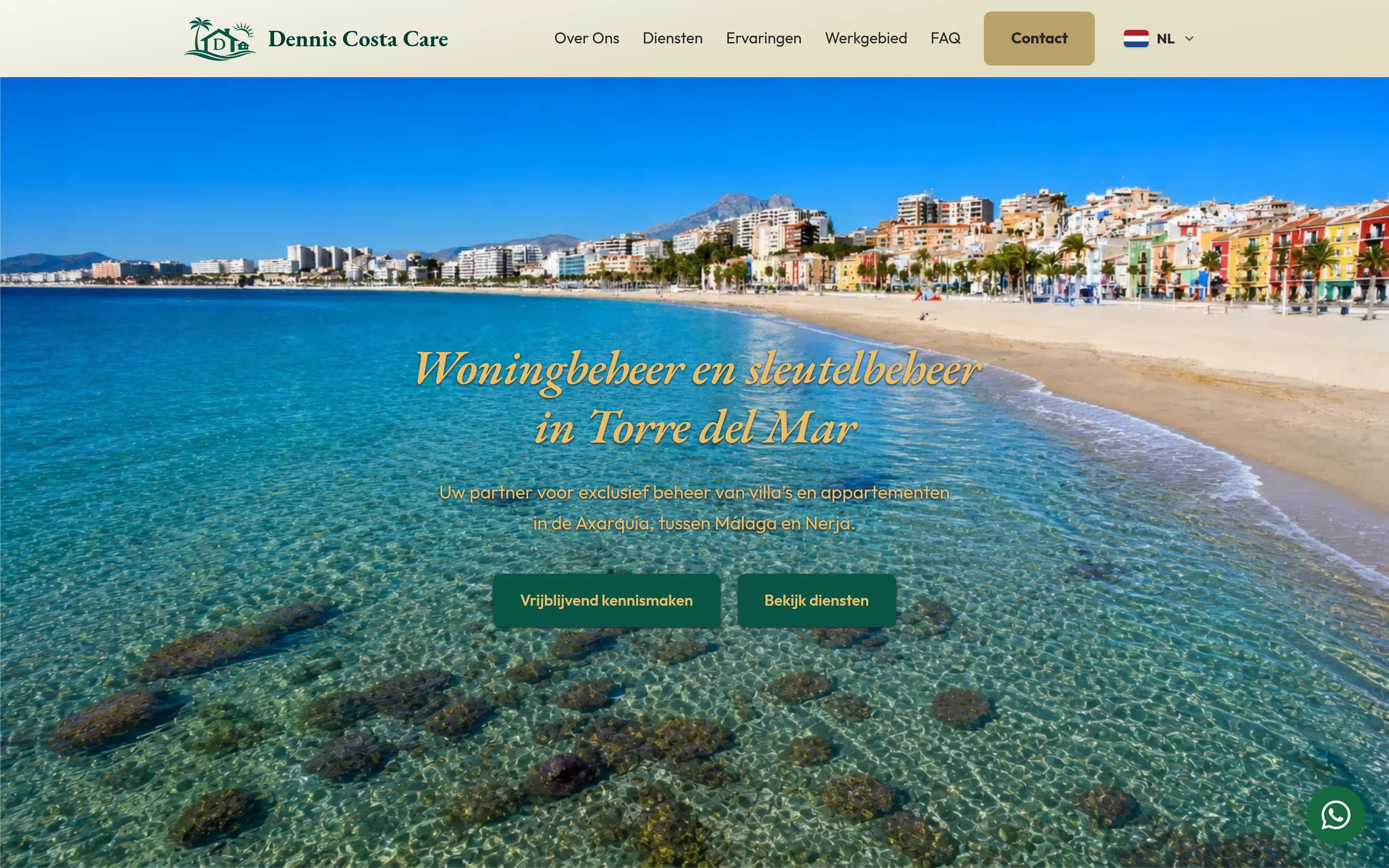 The Dennis Costa Care homepage on desktop, with the Torre del Mar coastline behind the hero title.